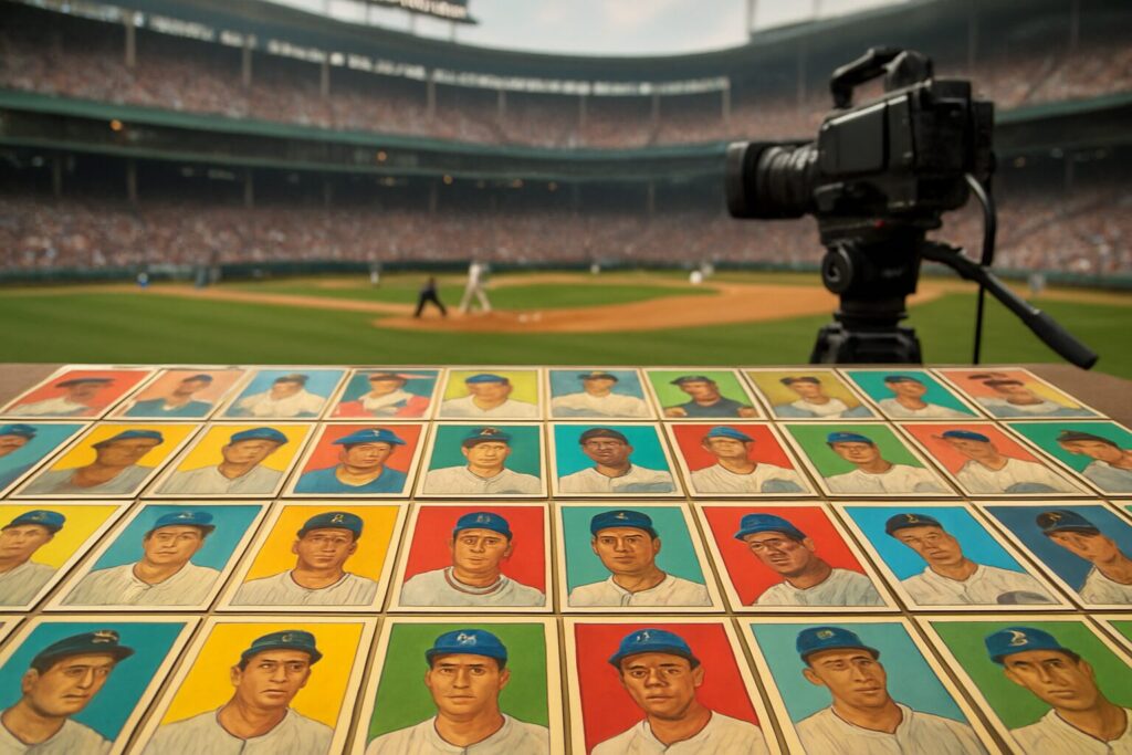 A collection of vintage baseball cards displayed in the foreground, with a baseball field and a camera in the background